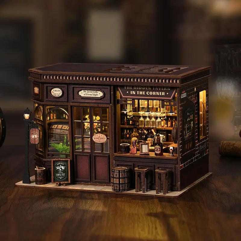 Dark brown corner tavern miniature kit with touch switch and lit shelves