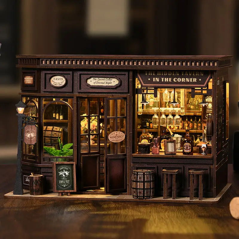 Corner tavern miniature kit with touch switch, dark wood diorama and lit shelves