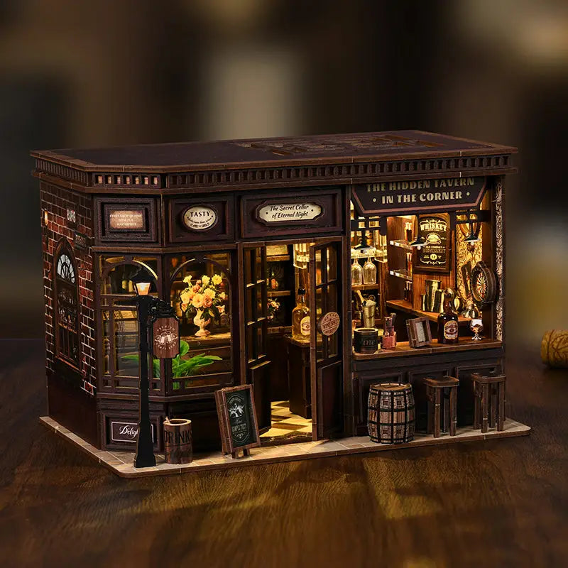 Dark brown wooden corner tavern diorama with touch switch in Hidden Tavern kit