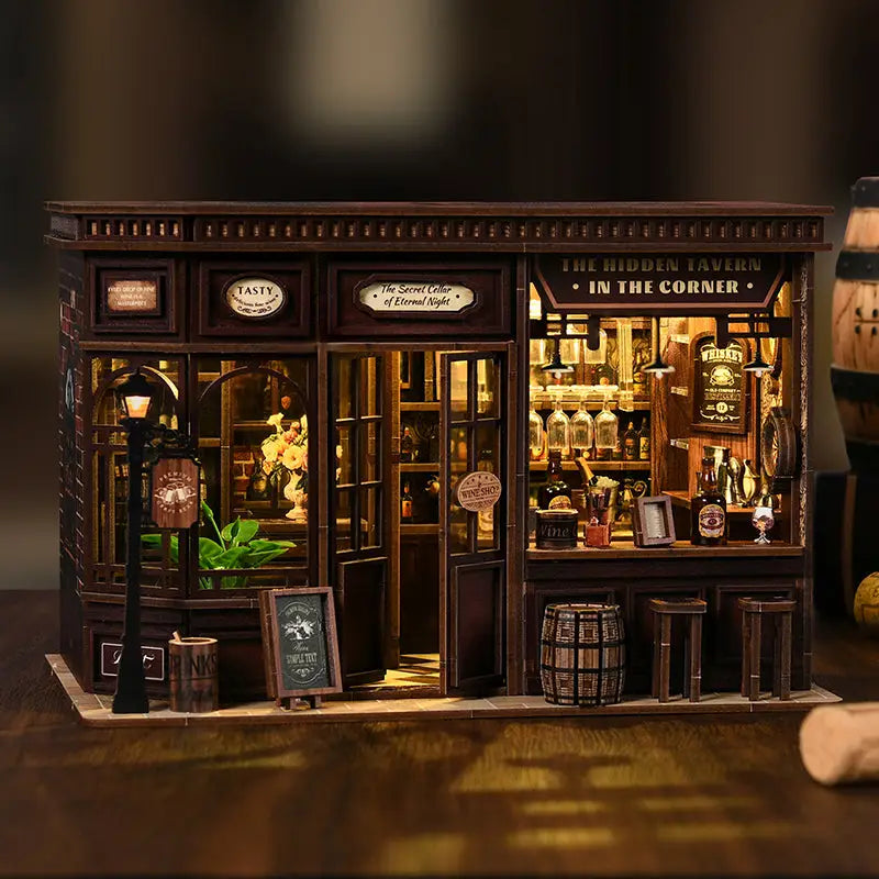Corner tavern miniature kit with touch switch and lit dark wood diorama