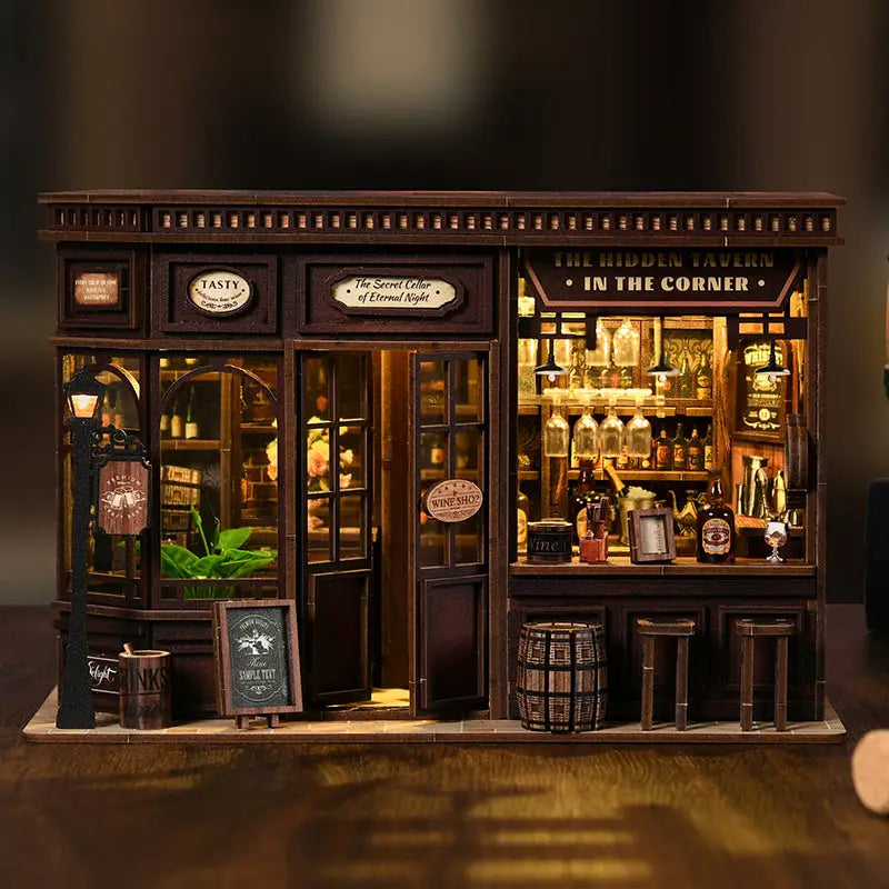 Corner tavern miniature kit with touch switch and lit bottle shelves