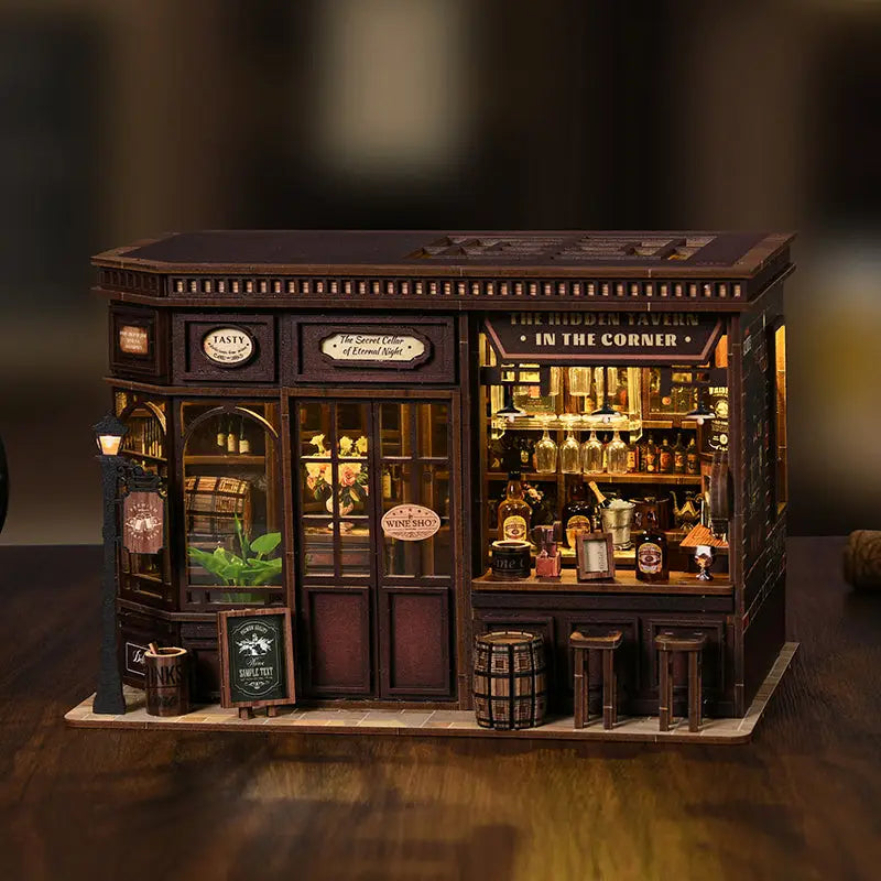 Dark brown corner tavern miniature kit with touch switch and hidden tavern sign