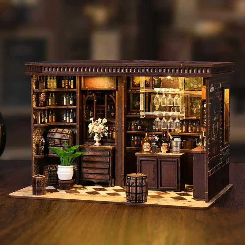 Dark wood corner tavern miniature kit with touch switch, stocked shelves