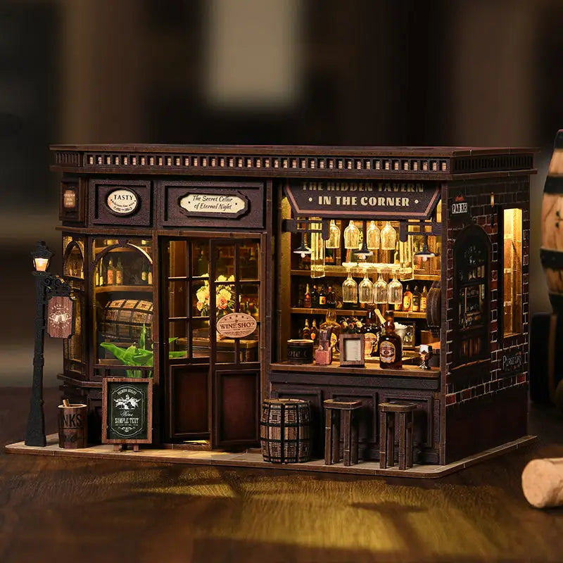 Corner tavern miniature kit with touch switch, dark brown wooden pub model and illuminated shelves