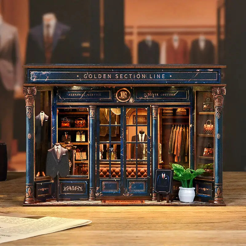 Enchanted Tailor Golden book nook LED lights with blue facade and suits