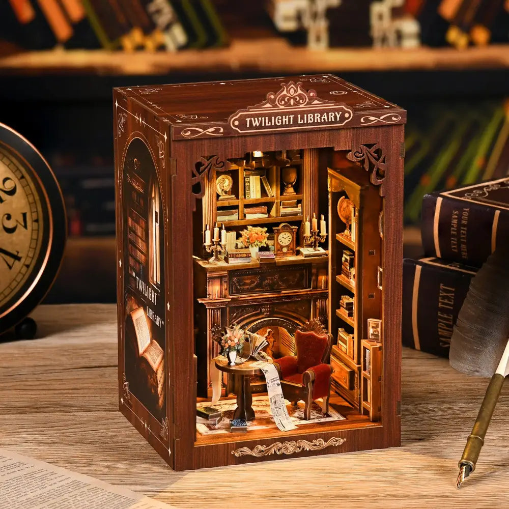 A cozy twilight library wooden diorama with coloured wooden pieces, red armchair, fireplace, and english instruction guide