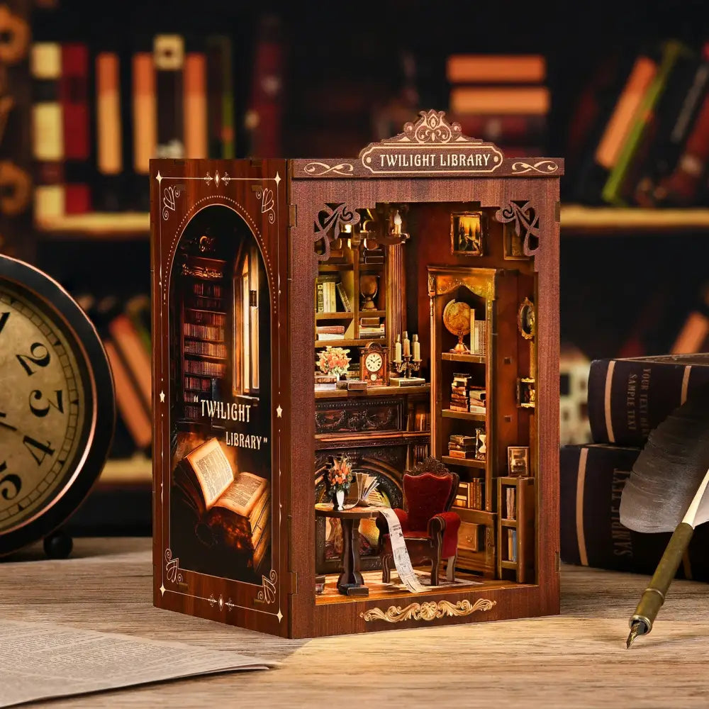 A detailed wooden miniature twilight library diorama with coloured wooden pieces and an english instruction guide