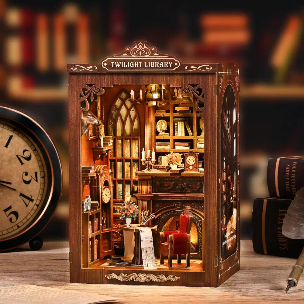 A twilight library wooden miniature diorama with coloured wooden pieces warm lighting and cozy reading nook with fireplace