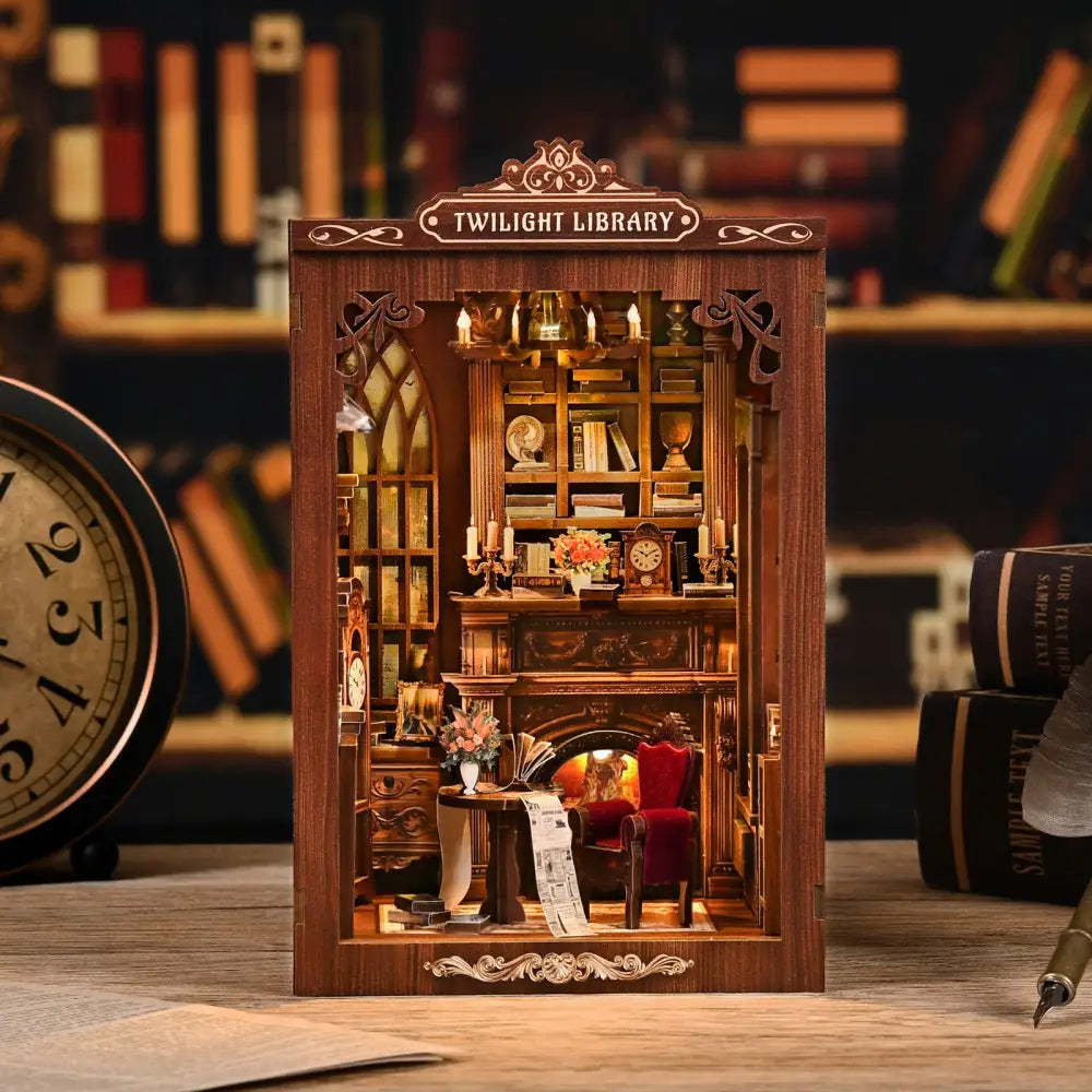 A detailed wooden miniature twilight library diorama with coloured wooden pieces and an english instruction guide
