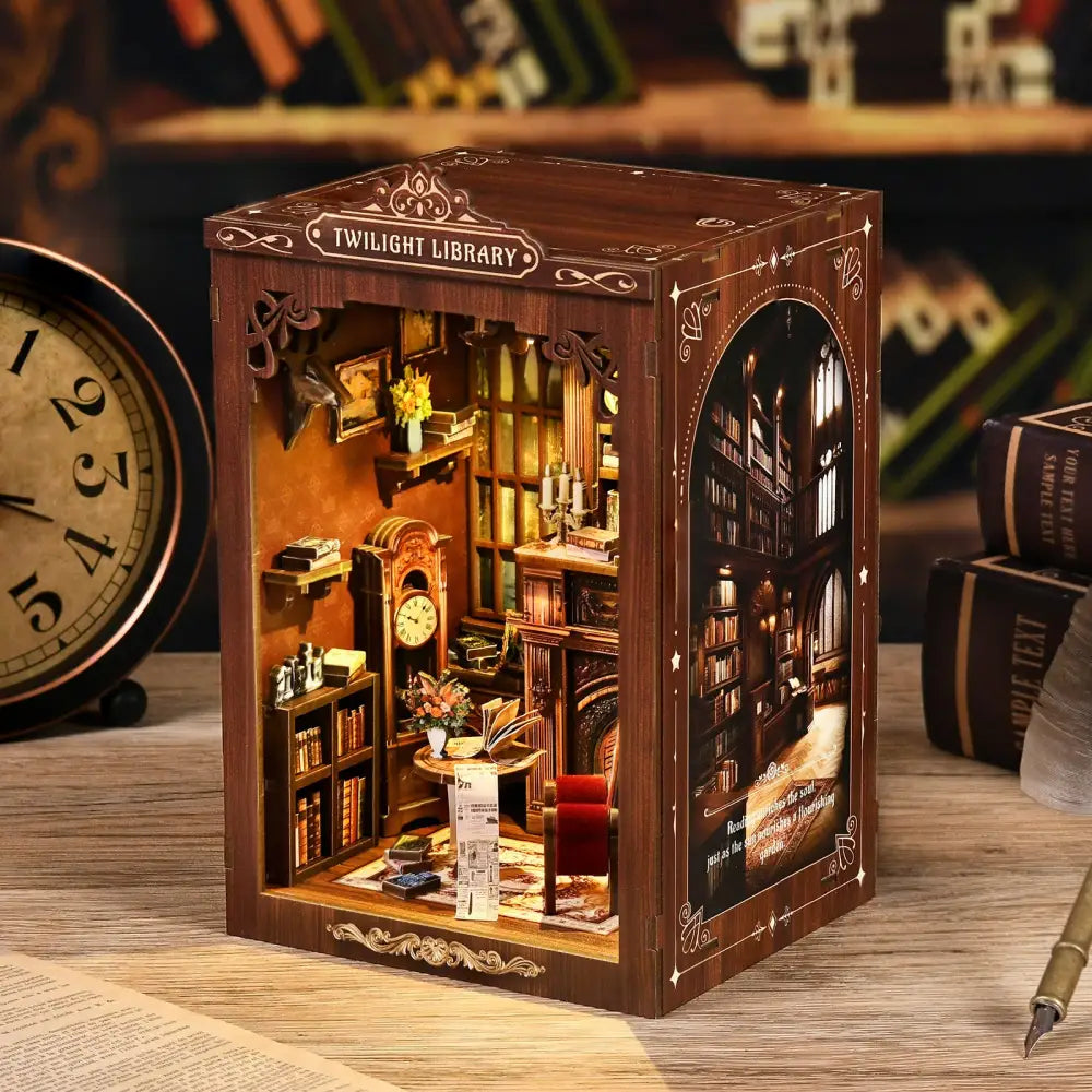 Brown wooden twilight library miniature diorama with intricate carvings warm interior lighting and coloured wooden pieces