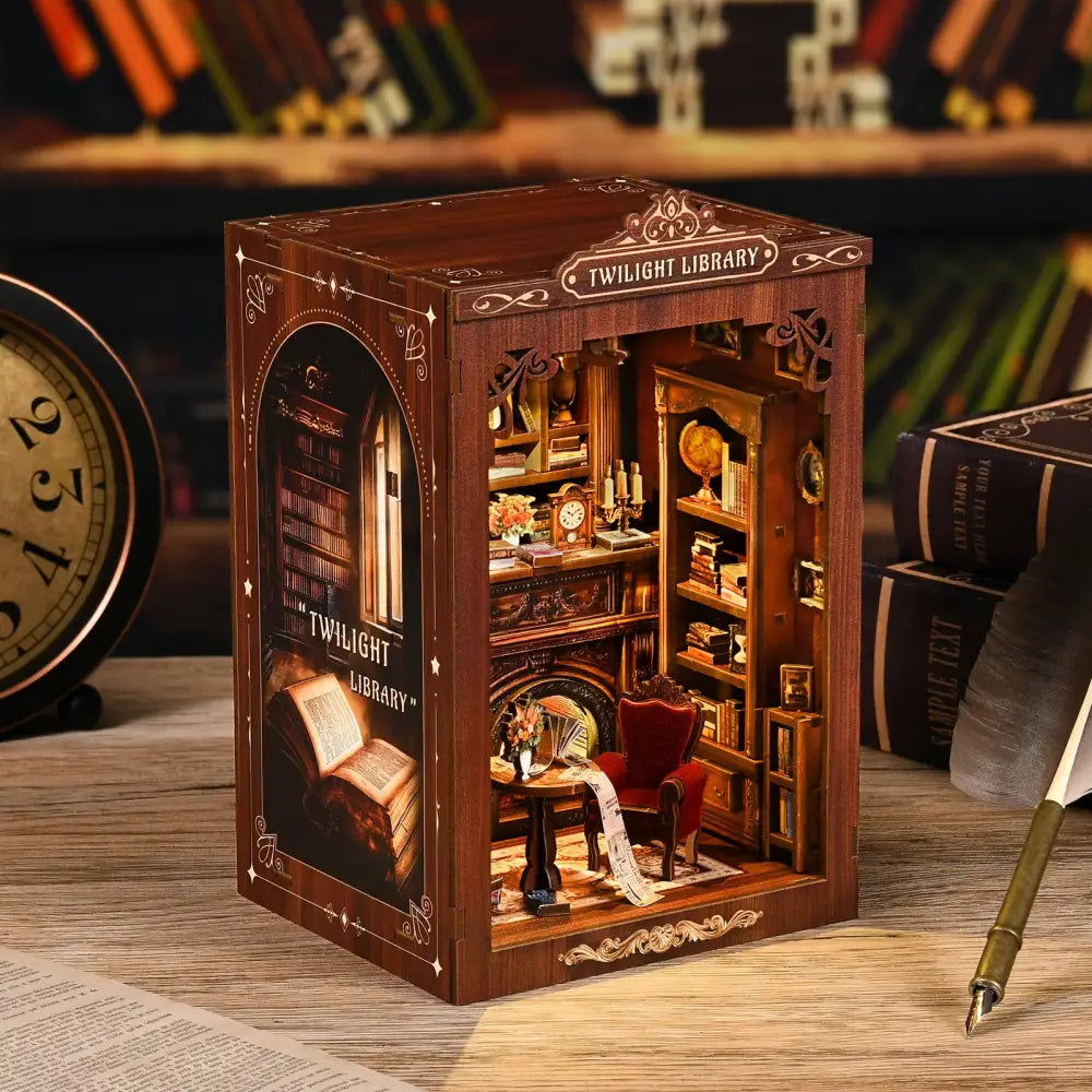 A miniature wooden twilight library with coloured wooden pieces showing a detailed library scene and english instruction guide