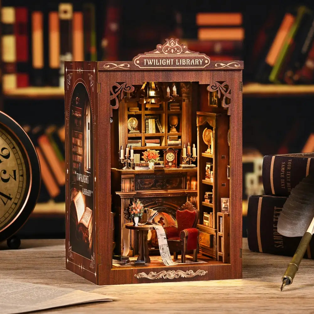A detailed wooden twilight library diorama with coloured wooden pieces warm lighting and an english instruction guide