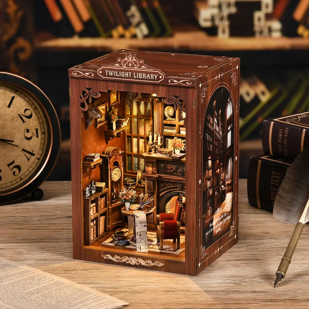 A detailed twilight library wooden diorama with coloured wooden pieces warm lighting and an english instruction guide