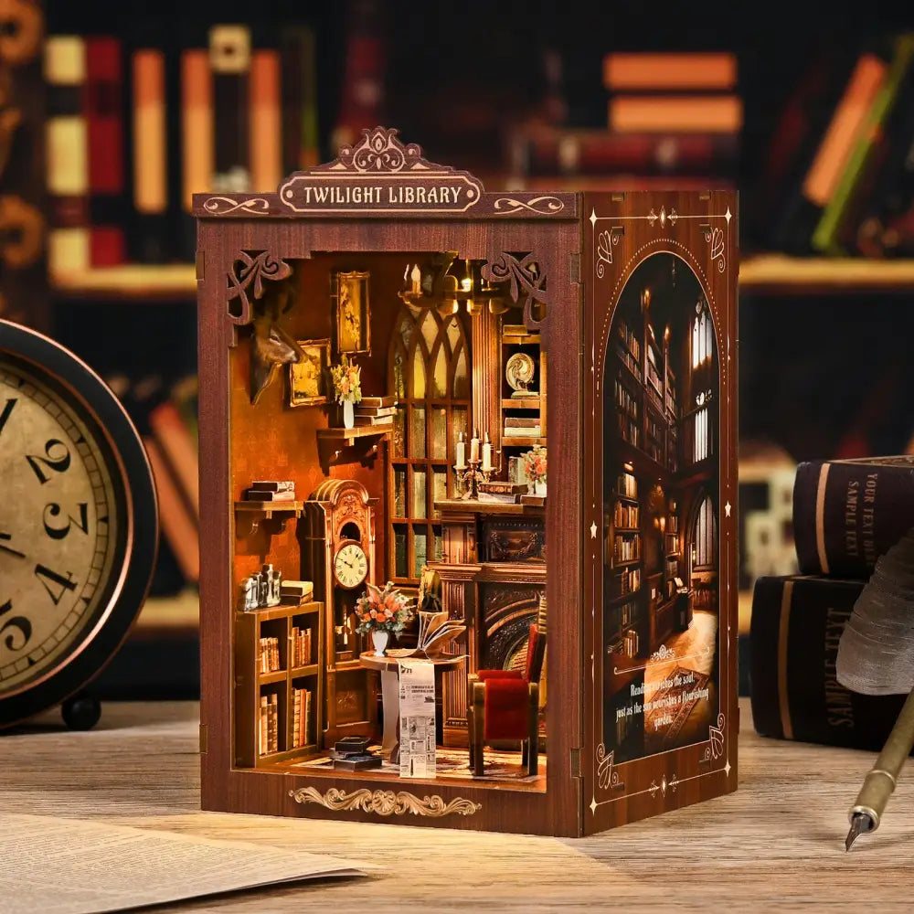 Twilight library wooden diorama with coloured wooden pieces warm lighting and english instruction guide included