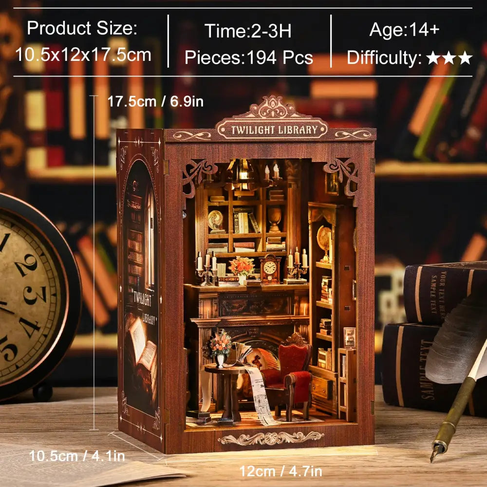 A detailed twilight library wooden model with coloured wooden pieces, shelves, an armchair, and english instruction guide