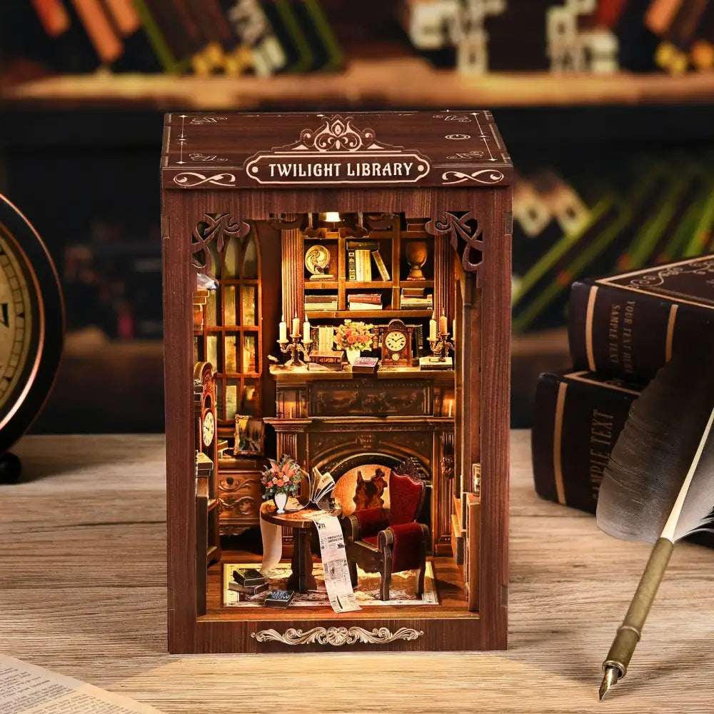 Detailed twilight library wooden diorama with coloured wooden pieces, warm lighting, fireplace, and english instruction guide