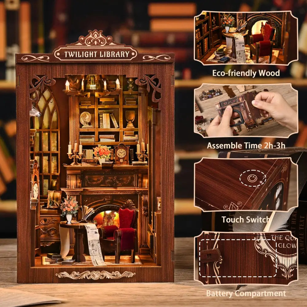 A twilight library wooden diorama with coloured wooden pieces gothic arches and an english instruction guide included
