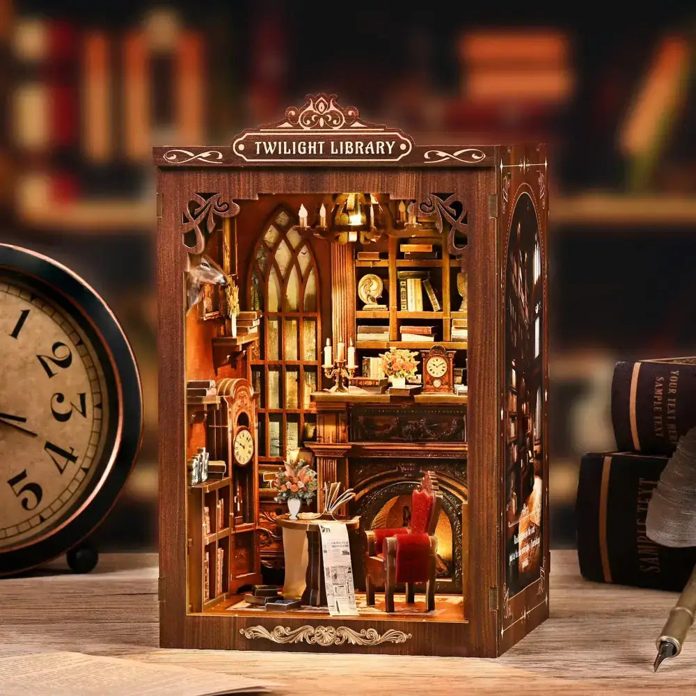 A detailed wooden twilight library book nook with coloured wooden pieces, cozy fireplace, red chair, and warm lighting