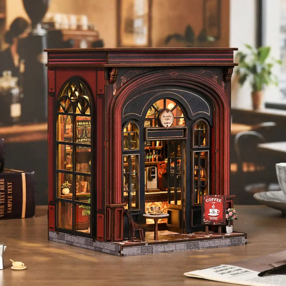 Detailed warmglow coffee diy book nook with red black wood paneling arched windows and warm lit coffee diy interior