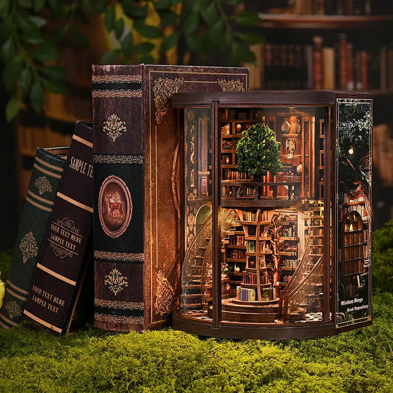 Mini growth ring bookcase diorama with LED light in ornate frame