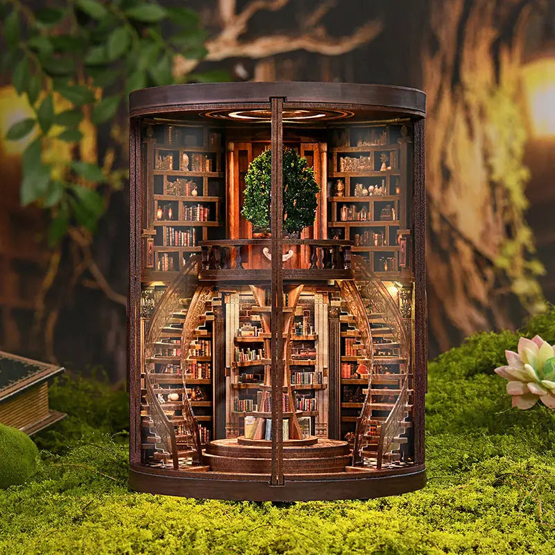 Mini growth ring bookcase house with LED light and warm glow