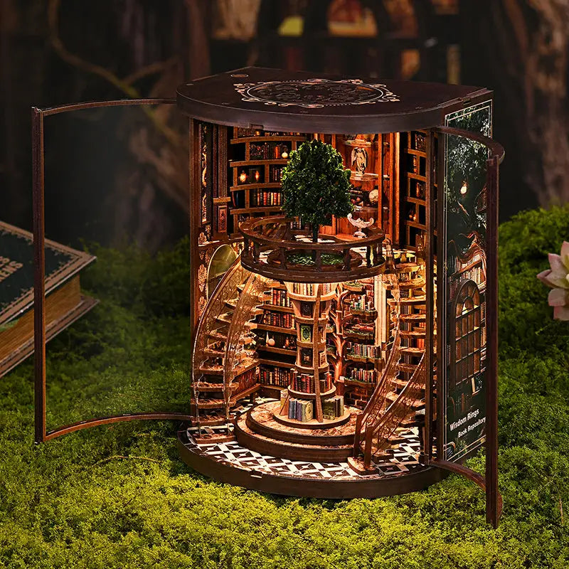 Mini growth ring bookcase diorama with LED light, warm glow