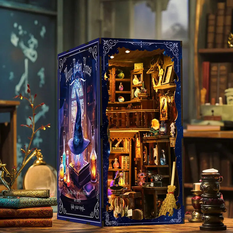 Detailed wooden diorama of magic potion house with books and potions