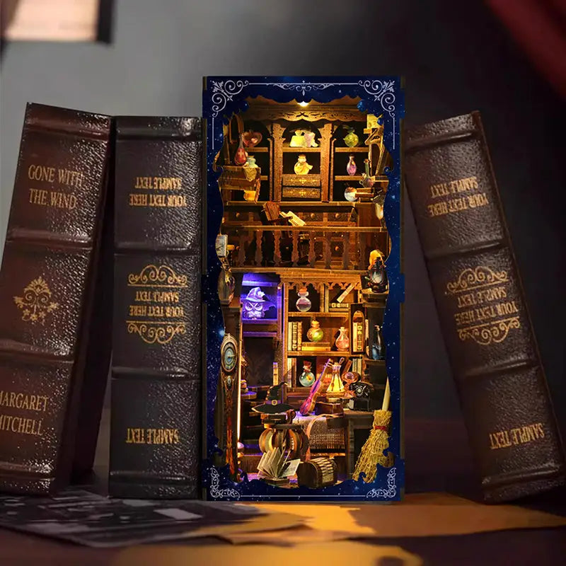 Miniature magic potion house diorama in ornate bookshelf