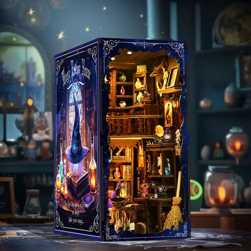 Secret Magic Potion House Book Nook diorama with blue witchs mansion and potions