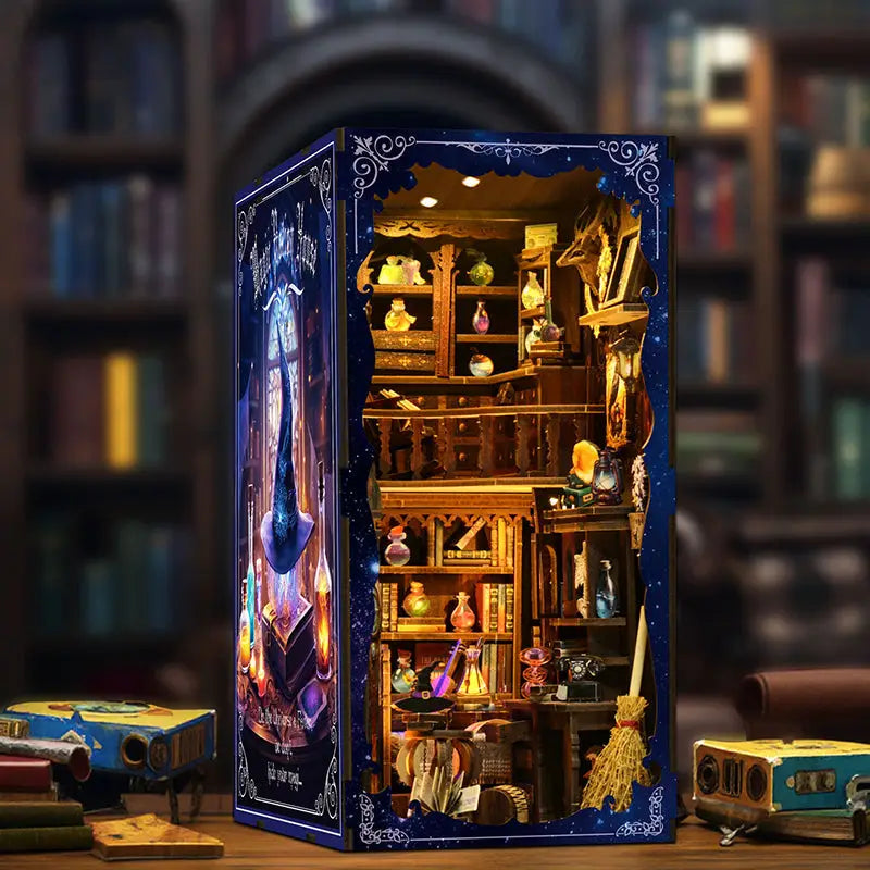 Miniature magic potion house diorama with glowing potions and shelves