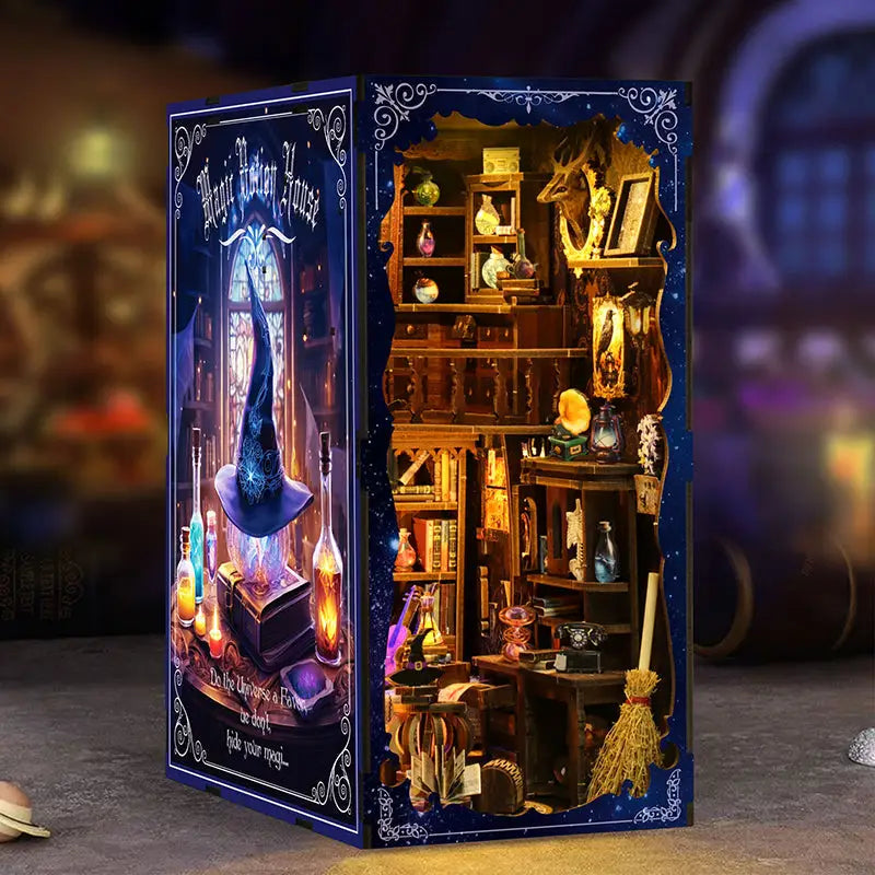 Miniature magic potion house diorama with glowing bottles and broomstick